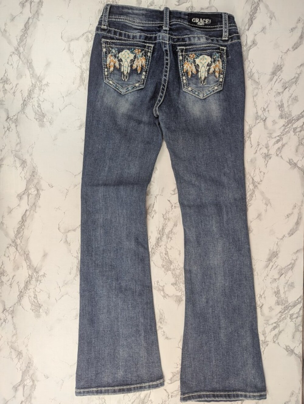Grace in LA Girls Steer Head Embroidered Bootcut Jeans Size 12 Bling Western